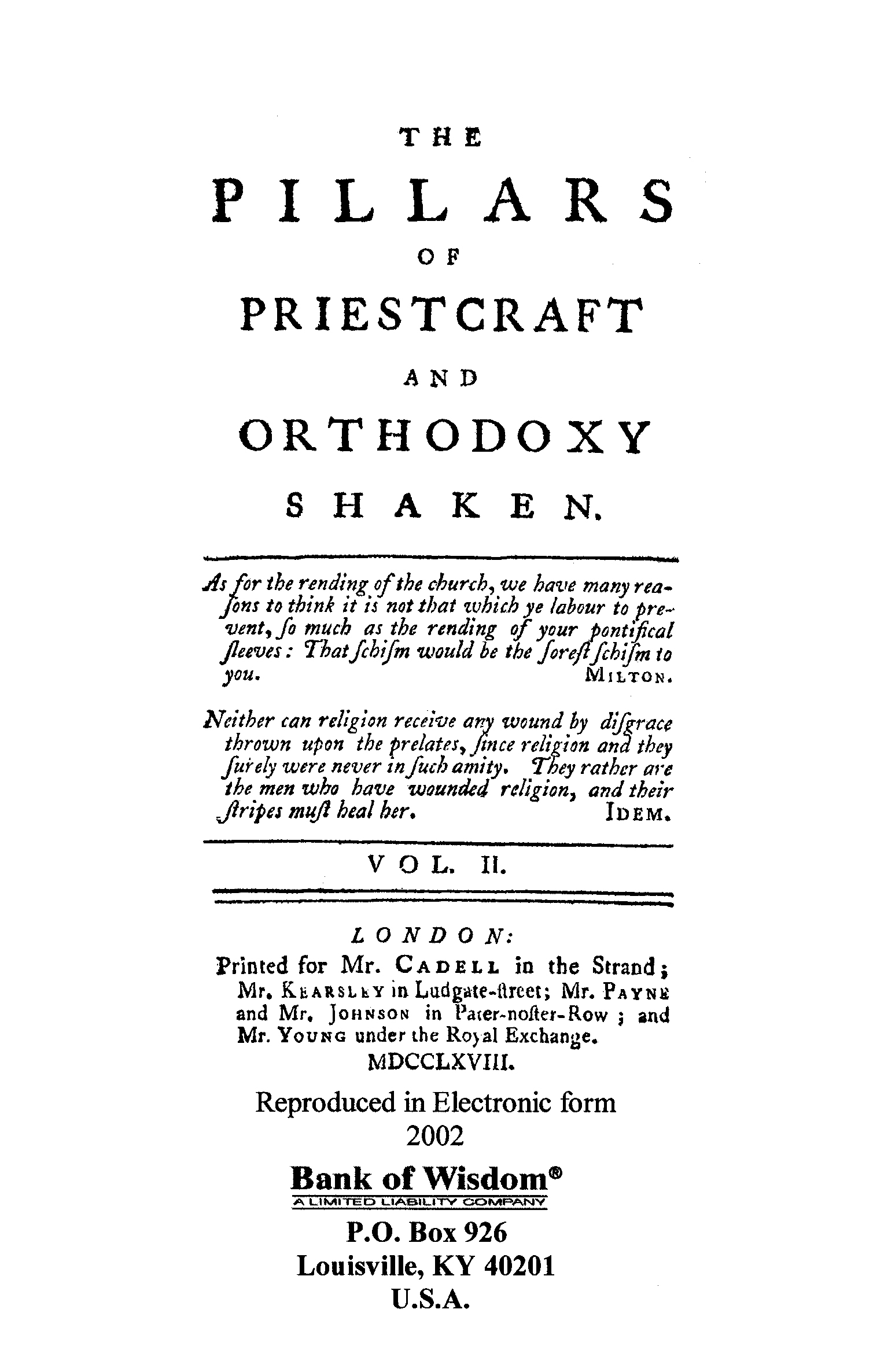 (image for) The Pillars of Priest Craft and Othodoxy Shaken, Vol. 2 of 4 Vol - Click Image to Close